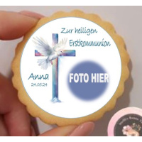 Erstkommunion Kreuz Taube klein rund Aufleger 1 Seite A4 Saracino Cake Paper - leicht raue Oberfläche Ausstanzung rund  5 cm 20 Stk.