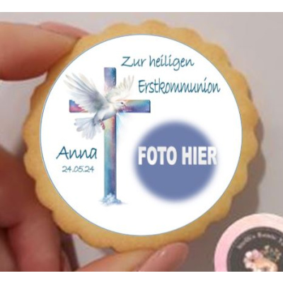 Erstkommunion Kreuz Taube klein rund Aufleger 1 Seite A4 Oblatenpapier 0,6 Wafer Paper Ausstanzung rund  4,5 cm 24 Stk.