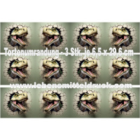 Dinosaurier kommt aus Torte  - Tortenband essbar 6,5 cm hoch - 3 x 29,6 cm auf premium Fondantpapier