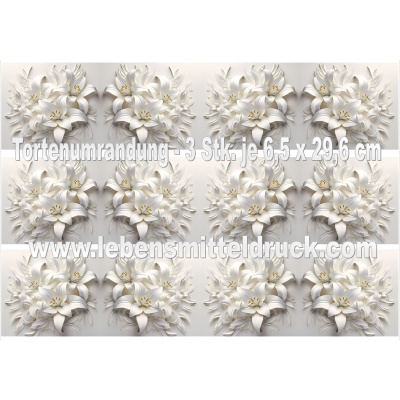 Lilien weiß ivory Gold 3D - Tortenband essbar 6,5 cm hoch - 3 x 29,6 cm auf premium Fondantpapier