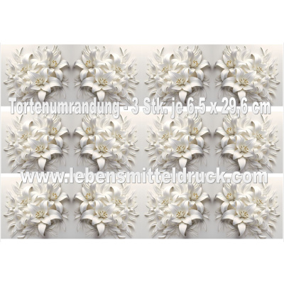 Lilien wei&szlig; ivory Gold 3D - Tortenband essbar 6,5 cm hoch - 3 x 29,6 cm auf premium Fondantpapier