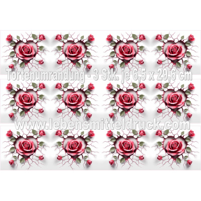 Rose Herz 3D - Tortenband essbar 6,5 cm hoch - 3 x 29,6 cm auf premium Fondantpapier