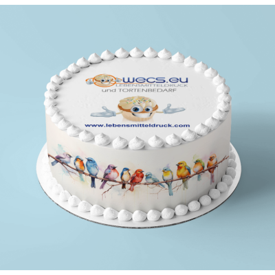Vögel bunt auf Ast - Tortenband 6,5 cm hoch - essbar 3 x 29,6 cm auf premium Fondantpapier