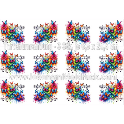 Schmetterlinge bunt Musik Noten Tortenrand 6,5 cm essbar - 3 x 29,6 cm auf premium Fondantpapier
