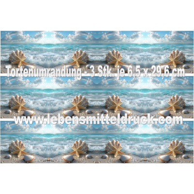 Strand Sand Meer Muscheln UrlaubTortenband essbar 6,5 cm hoch - 3 x 29,6 cm auf premium Fondantpapier