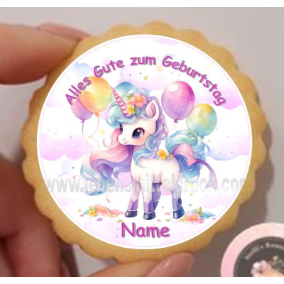 Einhorn rund  Keks / Cupcake Aufleger 1 Seite A4 Fondantpapier Premium extraweiß - extraglatt Ausstanzung rund  4,5 cm 24 Stk.