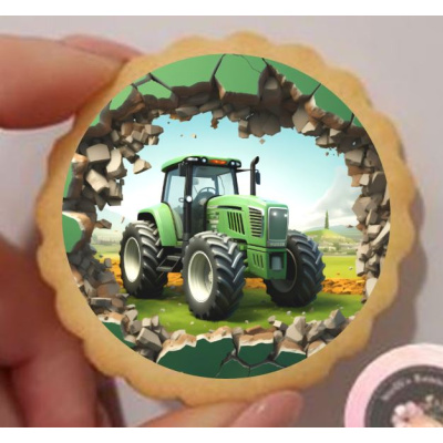 Traktor grün 3D rund  Keks / Cupcake Aufleger 1 Seite A4 Fondantpapier Premium extraweiß - extraglatt Ausstanzung rund  3,8 cm 35 Stk.