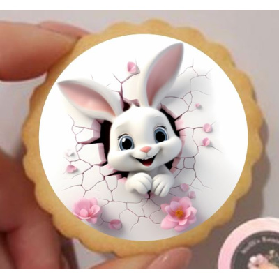 Hase weiß mit rosa Blümchen rund  Keks / Cupcake Aufleger 1 Seite A4 Oblatenpapier 0,6 Wafer Paper Ausstanzung rund  3,8 cm 35 Stk.