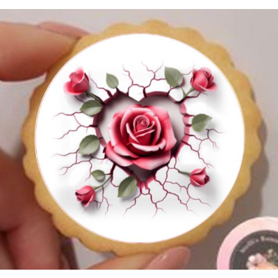 Rose im Herz rund Keks / Cupcake Aufleger 1 Seite Oblatenpapier 0,6 Wafer Paper keine - einfach selber ausschneiden 3,8 cm 35 Stk.