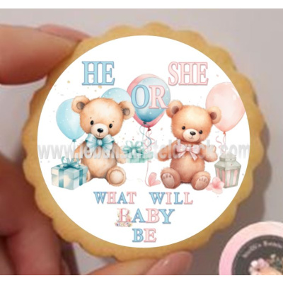 Gender Reveal Baby Party He or She Keks / Cupcake Aufleger 1 Seite Fondantpapier Premium extraweiß - extraglatt keine - einfach selber ausschneiden 3,8 cm 35 Stk.
