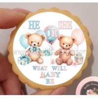 Gender Reveal Baby Party He or She Keks / Cupcake Aufleger 1 Seite Oblatenpapier 0,6 Wafer Paper Ausstanzung rund  3,8 cm 35 Stk.