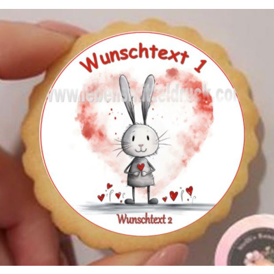 Herz Liebe Hase mit Wunschtext  Keks / Cupcake Aufleger 1 Seite Fondantpapier Premium extraweiß - extraglatt Ausstanzung rund  3,8 cm 35 Stk.