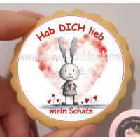 Herz Liebe Hase mit Wunschtext  Keks / Cupcake Aufleger 1 Seite Fondantpapier Premium extraweiß - extraglatt Ausstanzung rund  3,8 cm 35 Stk.