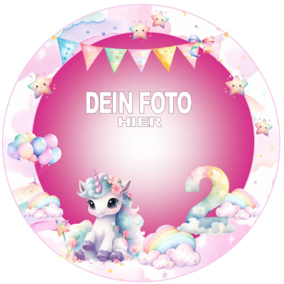 Einhorn Rahmen mit Alter und ihrem Foto Tortenbild rund in verschiedenen Größen 24 cm A3 Audruck