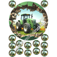 Traktor gr&uuml;n Tortenbild 20 cm rund mit Keksauflegern in 3,8 cm auf Premium Fondantpapier