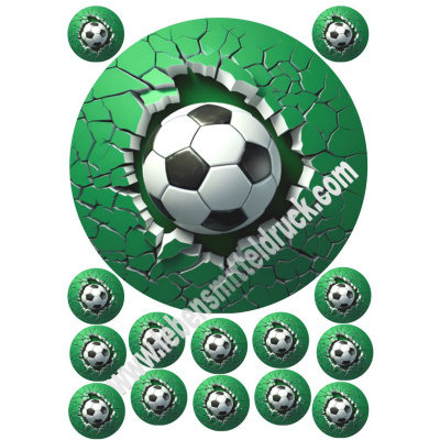 Fu&szlig;ball 3 D Tortenbild 20 cm rund mit Keksauflegern in 3,8 cm auf Premium Fondantpapier