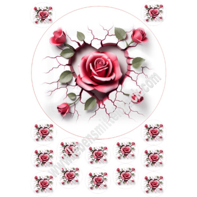 Rose Herz 3D Tortenbild 20 cm rund mit Keksauflegern in 3,8 cm auf Premium Fondantpapier