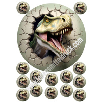 Dinosaurier 3D Tortenbild 20 cm rund mit Keksauflegern in 3,8 cm auf Premium Fondantpapier
