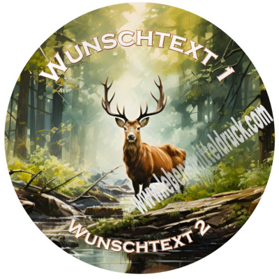 Hirsch  mit Wunschtext Jagd Wald Tortenbild 20 cm rund mit Keksauflegern in 3,8 cm auf Premium Fondantpapier