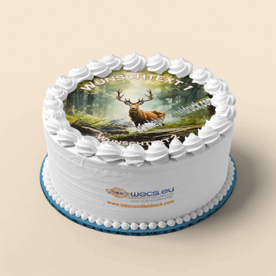 Hirsch mit Wunschtext Jagd Wald Tortenbild rund in verschiedenen Größen, induvidielisierbar auf Premium Fondantpapier