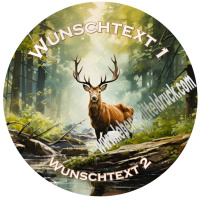 Hirsch  mit Wunschtext Jagd Wald Tortenbild 20 cm rund mit Keksauflegern in 3,8 cm auf Premium Fondantpapier