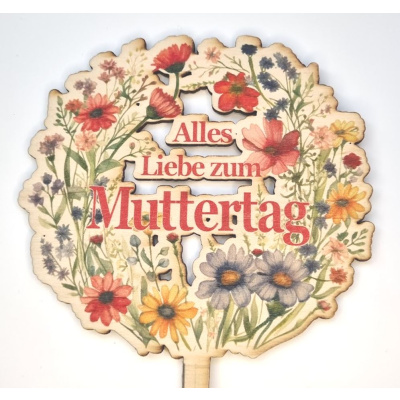 Muttertag alles Liebe bunte Blumen Holz Torten Topper Stecker 13,5 x 12 cm