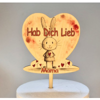 Mama Herz &quot;Hab Dich Lieb&quot; Hase Holz Topper Stecker 12 x 13 cm bedruckt mit Lebensmitteltinte