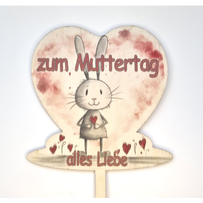 Muttertag Herz &quot;alles Liebe&quot; Hase Holz Topper Stecker 12 x 13 cm bedruckt mit Lebensmitteltinte