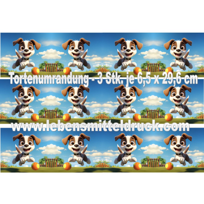 Hund Welpe Ball - Tortenband essbar 6,5 cm hoch - 3 x 29,6 cm auf premium Fondantpapier