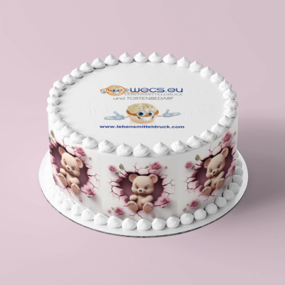 Bär Teddy Herz Rosen pink - Tortenband essbar 6,5 cm hoch - 3 x 29,6 cm auf premium Fondantpapier