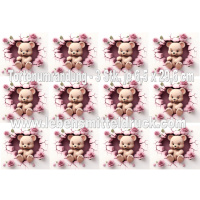 B&auml;r Teddy Herz Rosen pink - Tortenband essbar 6,5 cm hoch - 3 x 29,6 cm auf premium Fondantpapier