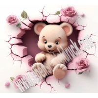 B&auml;r Teddy Herz Rosen pink - Tortenband essbar 6,5 cm hoch - 3 x 29,6 cm auf premium Fondantpapier