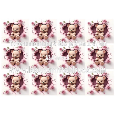 B&auml;r Teddy Herz Rosen pink - Tortenband essbar 9 cm hoch - 3 x 41 cm auf Premium Fondantpapier