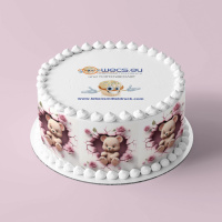 Bär Teddy Herz Rosen pink - Tortenband essbar 9 cm hoch - 3 x 41 cm auf Premium Fondantpapier