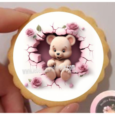 B&auml;r Teddy im Herz Rosen pink rund  Keks / Cupcake Aufleger 1 Seite