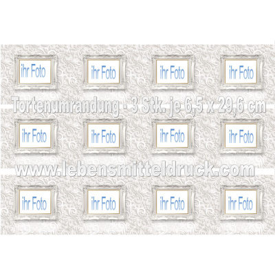 Bilderrahmen Foto Umrandung floral wei&szlig;  - Tortenband essbar 6,5 cm hoch - 3 x 29,6 cm auf premium Fondantpapier