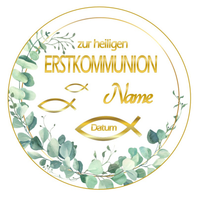 Erstkommunion Fische Goldrahmen Efeu Tortenbild rund 24 cm A3