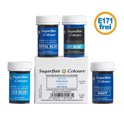 Sugarflair Spectral konzentrierte Paste Multi Set Blau mit 4 x 25 g Lebensmittelfarbe E171frei - Royal Blau, Sky Himmel Blau, Ice Eis Blau, Navy Marine Blau