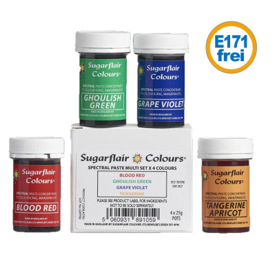 Sugarflair Spectral konzentrierte Paste Multi Set mit 4 x 25 g Lebensmittelfarbe E171frei - Rot, Gr&uuml;n, Orange, Lila