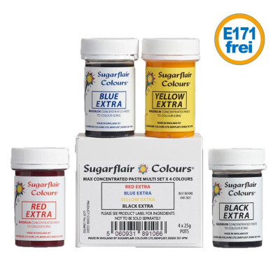 Sugarflair max konzentrierte Paste Multi Set mit 4 x 25 g Grundfarben E171frei - Extra Rot, Extra Blau, Extra Gelb, Extra Schwarz