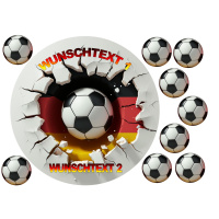 Fu&szlig;ball  Deutschland  Tortenbild  rund mit Fu&szlig;b&auml;llen in 4 cm mit Wunschtext auf Premium Fondantpapier