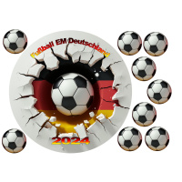 Fu&szlig;ball  Deutschland  Tortenbild  rund mit Fu&szlig;b&auml;llen in 4 cm mit Wunschtext auf Premium Fondantpapier