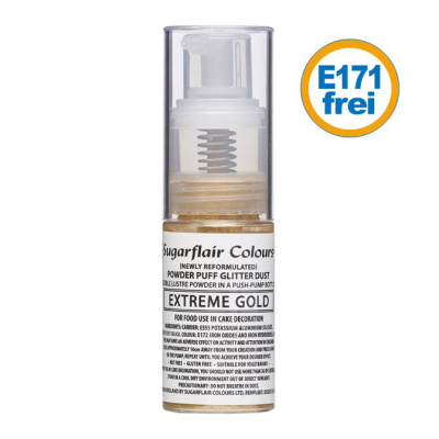Sugarflair Pumpspray Powder Glitter Puff Dust Extrem Gold Glitzer Pulver 30 ml - E171frei - zum &Ouml;ffnen und Wiederbef&uuml;llen