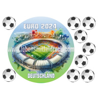 Fu&szlig;ball Stadion Tortenbild rund mit Fu&szlig;b&auml;llen in 4 cm auf Premium Fondantpapier Wunschtext m&ouml;glich