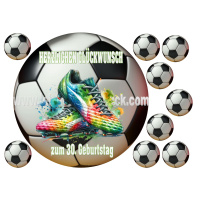 Fu&szlig;ball Schuhe Tortenbild rund mit Fu&szlig;b&auml;llen in 4 cm auf Premium Fondantpapier Wunschtext m&ouml;glich