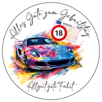 Geburtstag 18 Auto Führerschein Tortenbild rund - Name Wunschtext möglich