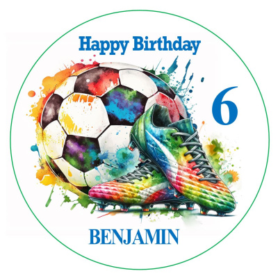 Fußball mit Schuhen Geburtstag buntTortenbild rund - Name  Alter Wunschtext möglich