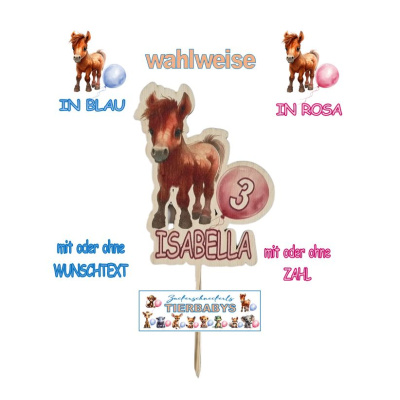 Baby Pferd Fohlen mit Luftballon Holz Torten Stecker von Zuckerschneckerls Tierbabys bedruckt mit Lebensmitteltinte