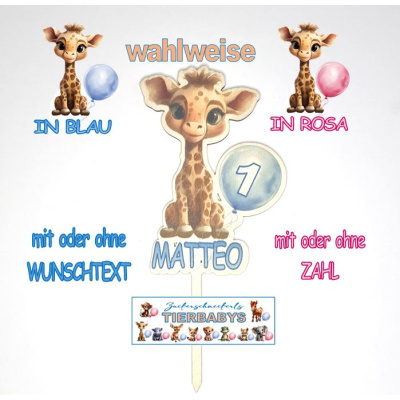 Baby Giraffe mit Luftballon Holz Torten Stecker von Zuckerschneckerls Tierbabys bedruckt mit Lebensmitteltinte Rosa Ballon