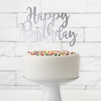 Happy Birthday SILBER Papier auf Holz Stecker Cake Topper  f&uuml;r Torten, Candy Bars, Breite ca. 20,5 cm